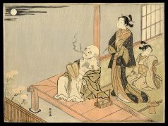 Courtesan with her Attendant and Hotei Viewing the Moon