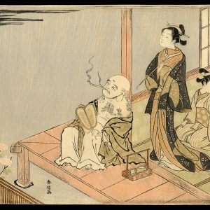 Courtesan with her Attendant and Hotei Viewing the Moon Harunobu