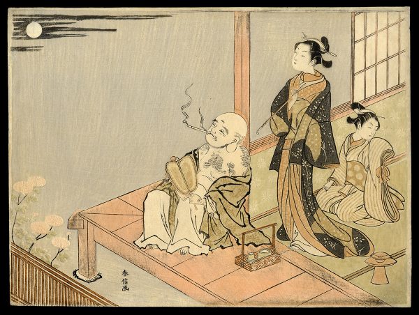 Courtesan with her Attendant and Hotei Viewing the Moon Harunobu