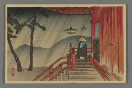 Red Temple in Rain; a Priest over the Steps