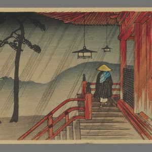 Red Temple in Rain; a Priest over the Steps Hiroaki