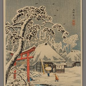 Snow at Ozawa; Torii Gate and a Cottage Hiroaki