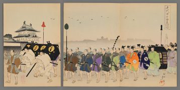 A Scene of Dismounted Low-ranking Officials approaching the Kikyo-mon at Edo Castle on New Year’s Day