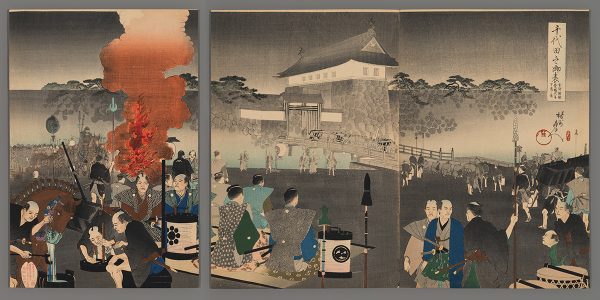 Men Cooking Dinner Outside the Palace Chikanobu